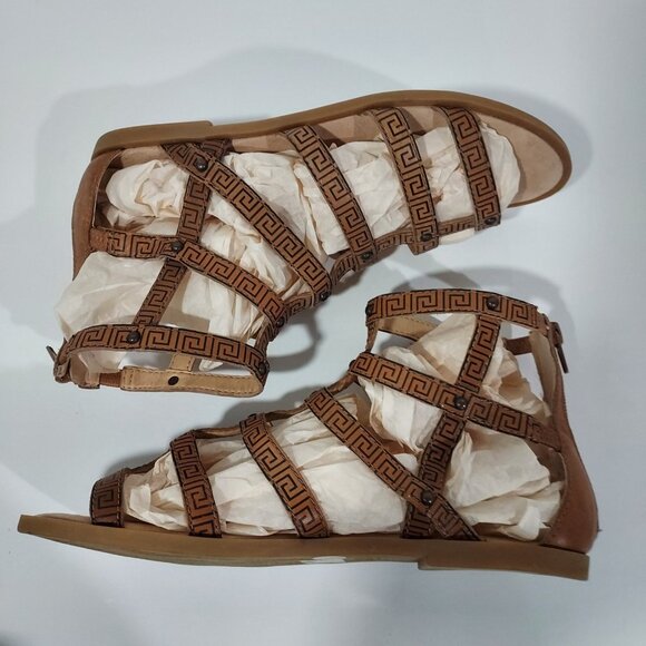 Lucky Brand Beverlee 7.5 Tan Greek Key Leather Flat Gladiator Sandals Cusion - Picture 6 of 9